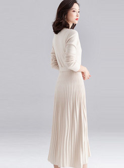 V-neck Pleated A Line Sweater Dress With Belt