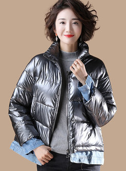 Stand Collar Patchwork Loose Puffer Coat