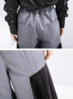 High Waisted Patchwork Pleated PU Wide Leg Pants