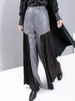 High Waisted Patchwork Pleated PU Wide Leg Pants