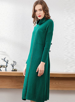 High Collar Color-blocked Straight Sweater Dress