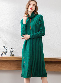 High Collar Color-blocked Straight Sweater Dress