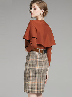 Cloak Slim Knit Top & Retro Plaid Split Skirt