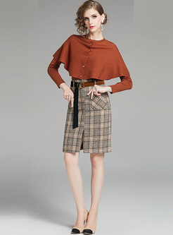 Cloak Slim Knit Top & Retro Plaid Split Skirt
