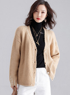 Casual V-neck Beading Zip-up Sweater Coat