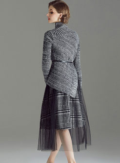 Turtleneck Asymmetric Sweater Mesh Plaid Suit Dress