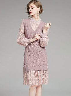 Sweet Long Sleeve Lace Dress & Sweater Vest