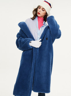 Blue Turn Down Collar Long Teddy Coat