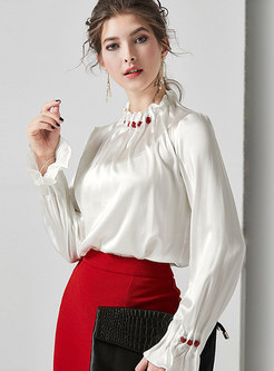Stand Collar Beading Pleated Silk Blouse