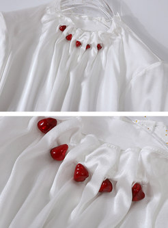 Stand Collar Beading Pleated Silk Blouse