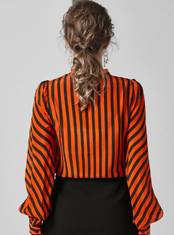 Tie Neck Striped Color-blocked Zip-up Silk Blouse