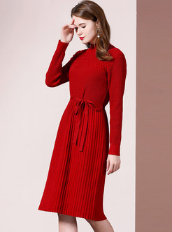 Stand Collar Tie Pleated Sweater Dress