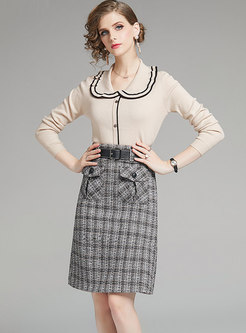 Slim Knit Top & High Waisted Plaid Skirt