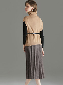 Slimr Knit Top With Pullover Vest & Pleated Skirt