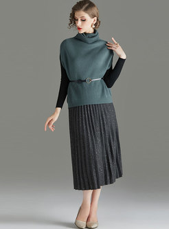 Slimr Knit Top With Pullover Vest & Pleated Skirt