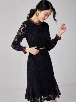Patchwork Lace Openwork A Line Dress With Belt