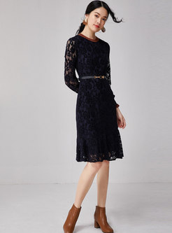 Patchwork Lace Openwork A Line Dress With Belt