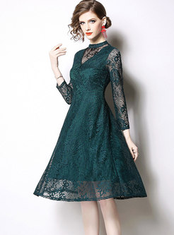 Lace Openwork Patchwork High Waisted Skater Dress