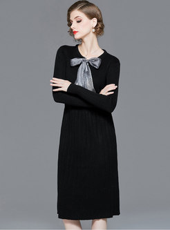 Patchwork Bowknot Straight Loose Sweater Dress