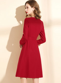 V-neck Waist Pleated A Line Hairy Red Dress