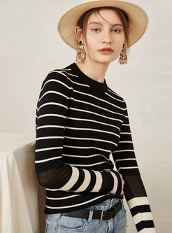 Stand Collar Striped Color-blocked Slim Sweater 