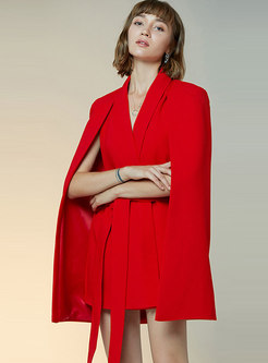 Red Notched Waist Cloak Coat With Belt