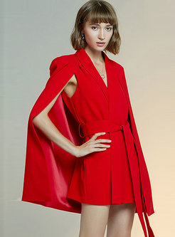 Red Notched Waist Cloak Coat With Belt