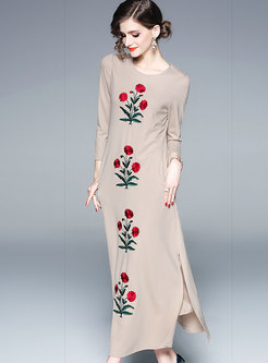 Crew Neck Embroidered Shift Maxi Dress