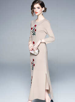Crew Neck Embroidered Shift Maxi Dress