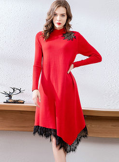 Long Sleeve Asymmetric Fringed Sweater Dress
