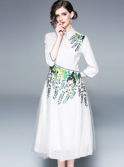 Mandarin Embroidered A Line Dress