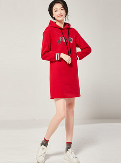 Hooded Letter Embroidered Shift T-shirt Dress