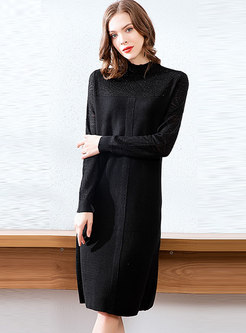 Black Stand Collar Patchwork A Line Sweater Dress