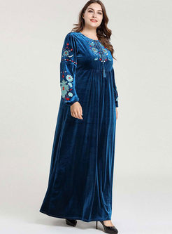 Plus Size Long Sleeve Embroidered Maxi Dress