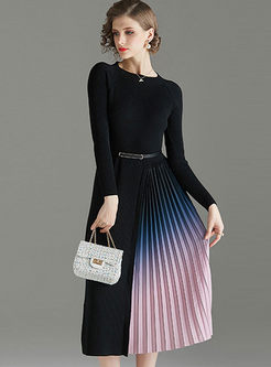 Color-blocked Long Sleeve Pleated Dress