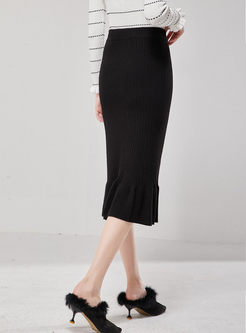 Black High Waisted Knitted Peplum Skirt