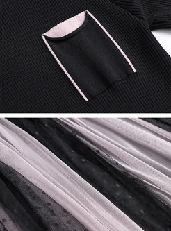 Knit Patchwork Mesh Color-blocked Skater Dress