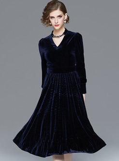 Solid Color V-neck Velvet Formal Dress