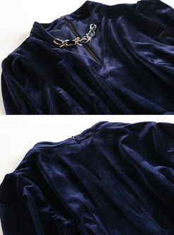 Solid Color V-neck Velvet Formal Dress