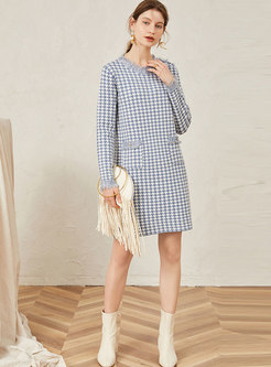 Patchwork Fringed Houndstooth Straight Sweater Dress