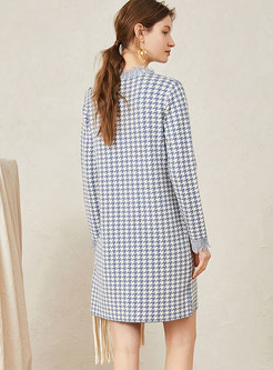 Patchwork Fringed Houndstooth Straight Sweater Dress