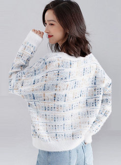 V-neck Plaid Color-blocked Loose Sweater