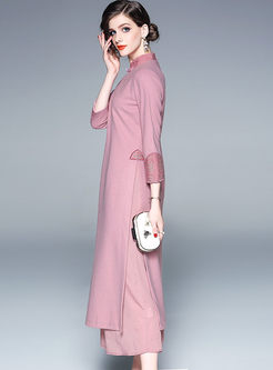 Mandarin Collar Long Sleeve Wool Maxi Dress