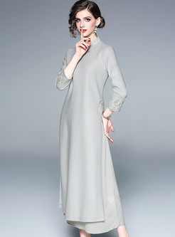 Mandarin Collar Long Sleeve Wool Maxi Dress