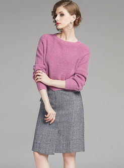 Pink Crew Neck Sweater Plaid Skirt Suits