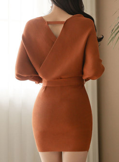 V-neck Bodycon Mini Sweater Dress