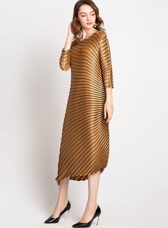 Irregular Striped Color-blocked Pleated Shift Dress