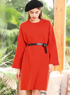 Solid Color Crew Neck Shift Sweater Dress