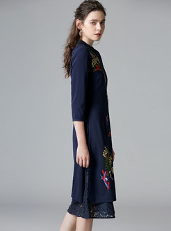 Mandarin Collar Embroidered Patchwork Lace Skater Dress