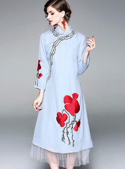 Mandarin Collar Embroidered Maxi Dress
